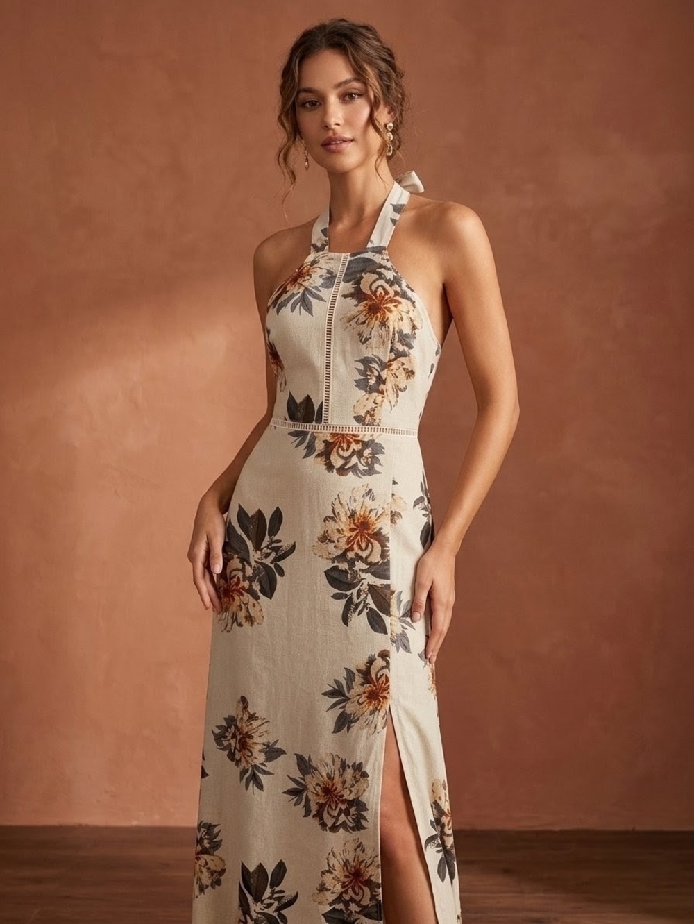 Source Unknown Cream Floral Halter Maxi Dress with Brown Accents